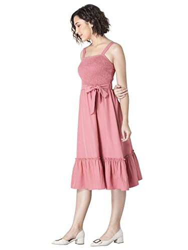Image of FabAlley Dusty Pink Belted Smocked Back Midi Dress