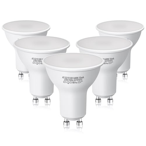 Aigostar 6W GU10 Bulbs, LED GU10 Bulbs Cool White Daylight 6500K 480LM, 100°Beam Angle Spotlight 5 Pack
