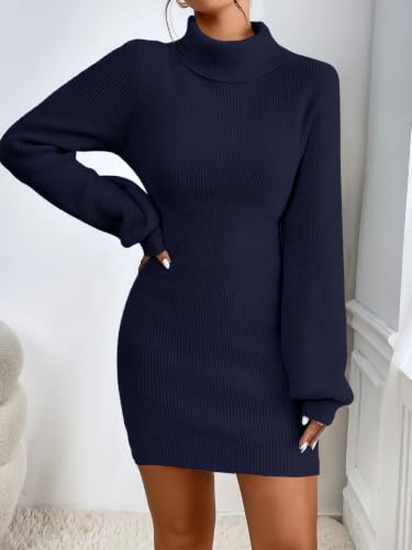 Image of Turtleneck Sweater Dress for Women Lantern Sleeve Mini Bodycon Ribbed Knit Sweater Pullover Short Dresses XS-XXL