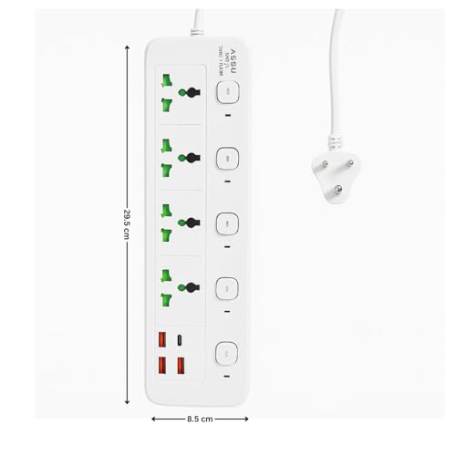 Image of Extension Board, Power Strip with 6 USB Ports and 3 Universal Socket, 2500W 10A Extension Cord, 3-Pin Surge Protector Power Strip for Home, Office, Computer, Mobile Charging (White-A85)