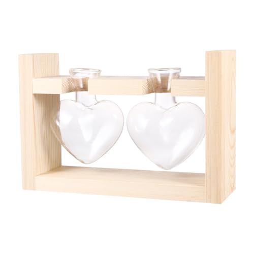 SHERCHPRY 2piezas Jarrones de Forma de Corazón con Soporte de Madera Natural Maceteros Hidropónicos para Plantas y Decoración de Mesa Adornos Modernos para Hogar y Oficina