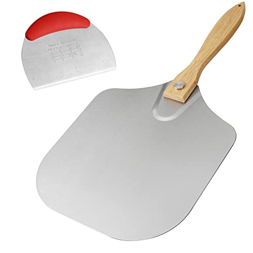 Pizza Peel,YISUN Pizza Spatula Paddle,12"x14"Pizza Paddle and 6.3"4.75"-Stainless Steel Pizza Cutter with Cover Disassemble and fold Wood Handle for Easy Storage-Homemade for Pizza/Baking/Bread
