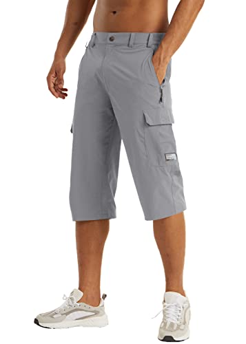 EKLENTSON Herren Hose Kurz Cargo Shorts 3/4 Sommer Wanderhose Atmungsaktiv Schnelltrocknend Caprihose Stretch Arbeitshose mit Zip Taschen Hellgrau 38 Cover