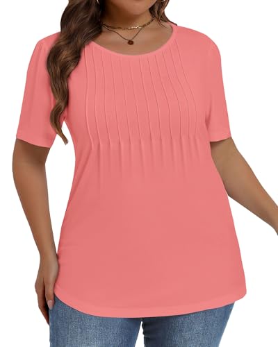 Image of Plus Size Tops for Women Pleated Summer Top Trendy Short Sleeve Shirts Casual Basic Tee Crew Neck Blouses 2026