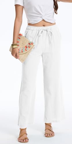 YOCUR Women Casual Drawstring Straight Leg Pants Cotton Linen Beach High Waisted Trousers Flowy Lounge Lightweight Pants3