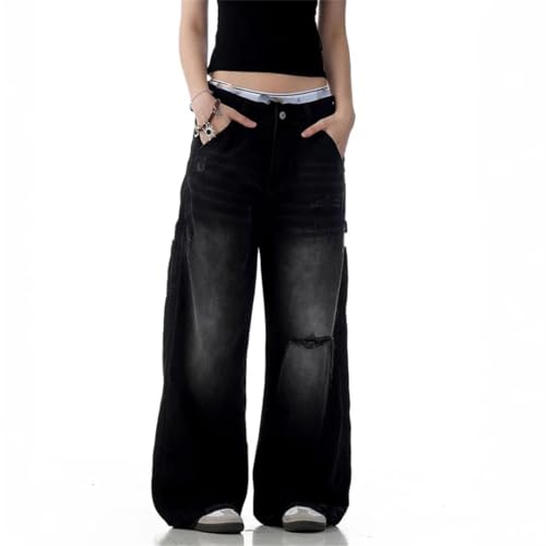 Men Distressed Hole Design Washed Wide Leg American Style Trousers Jeans3