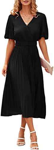 PRETTYGARDEN Women's Summer Pleated Midi Dress Wrap V Neck Puff Sleeve Casual Chiffon A Line Flowy Dresses (Black,Large)