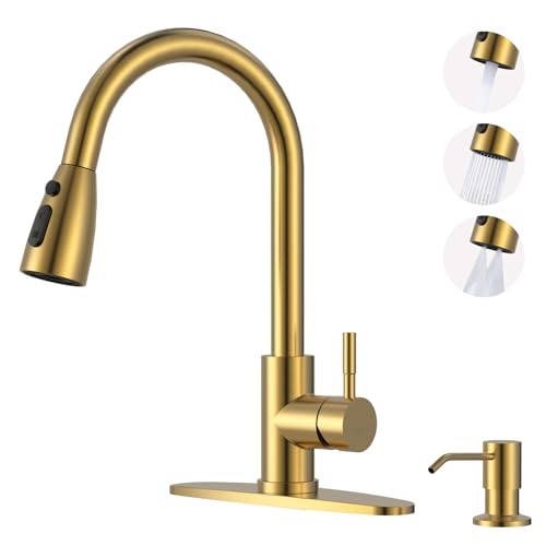 Brushed Gold Kitchen Faucet with Soap Dispenser - WOWOW