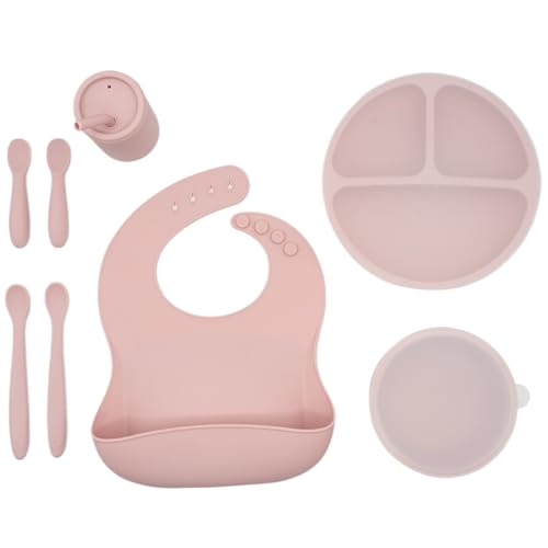 WeeSprout Baby Led Weaning Bundle, Silicone Suction Bowl, Spoons, Bib & Cup, Develops Self Feeding Skills, Dishwasher Safe (Pink)