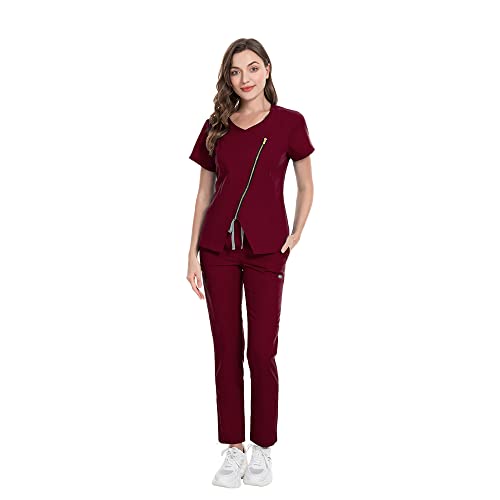 niaahinn Scrub for Women Medical Uniform Scrub Top & Jogger Pants Women Scrub Suit (Burgundy,M,Medium)