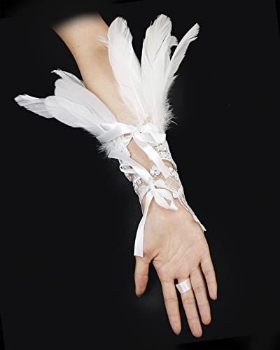 Uqje Women's White Feather Lace Long Gloves Witch Spider Web Wrist For Halloween Pack Of 2 #TOP6