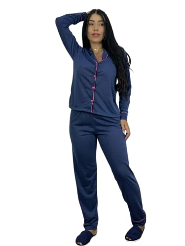 Pijama Adulto Feminino Outono Inverno Aberto Americano Manga Longa (G, Azul)