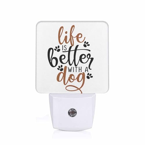 Image of LED Night Light,Life Is Better With Dog Funny Saying Dog Paw LED Night Light Plug into Wall with Dusk to Dawn Light Sensor White Energy Efficient Nightlight for Bedroom Hallway Living Room Kitchen