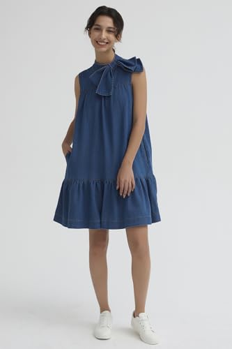 Denim Dress for Women Summer Sleeveless Mock Neck Ruffle Hem Babydoll Jean Dress with Bow3