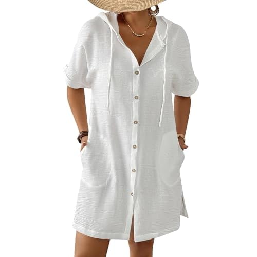 Bsubseach Womens Swimsuit Cover Up Shirt Button Down Short Sleeve Bathingsuit Coverups Hooded Beach Coverup With Pockets White X-Large