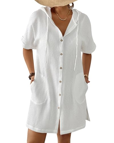 Bsubseach Womens Swimsuit Cover Up Shirt Button Down Short Sleeve Bathingsuit Coverups Hooded Beach Coverup With Pockets