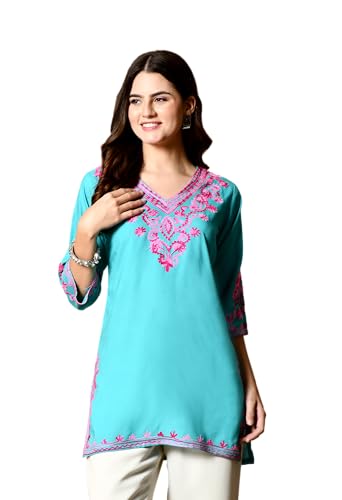 Image of LIBOZA Embroidered Kashmiri Tunic Top, Short Kurti for Women on Jeans, V-Neck, 3 /4 Sleeve, Floral Design,