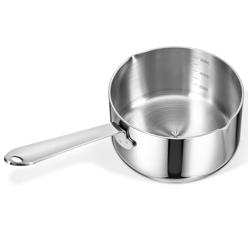 Stainless Steel Butter Warmer Measuring Pan 20 OZ Small Sauce Pan 18/10 Tri-Ply Stainless Steel Saucepan with Dual Pour Spouts, 0.63 Quart