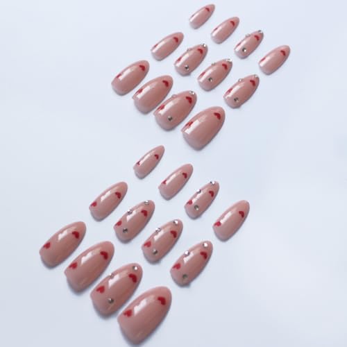 Image of Heart Press on Nails Nude Fake Nails with Design Reusable Glossy Full Cover Medium Almond Nail Press ons Rhinestone Glue on Nail for Women Manicure 24Pcs
