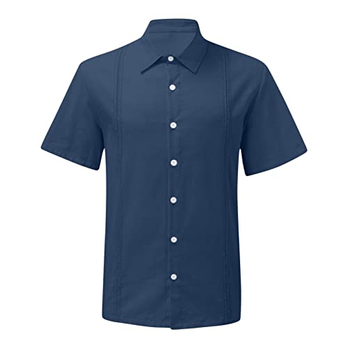 Maiyifu-GJ Men's Short Sleeve Cotton Linen Shirts Lightweight Summer Button Down Shirt Plain Tropical Holiday Beach T Shirt (Dark Blue,3X-Large)