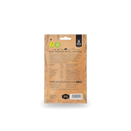 Grizzly Foods • Vegan Jerky 3 Sorten Probierset (6 x 30g) • Pflanzliches Beef Jerky • Veganes Trockenfleisch • High Protein Snack • Ideal für Unterwegs, Büro, Sport