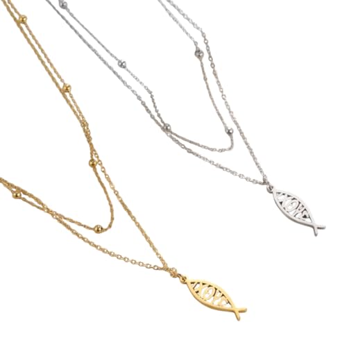 Collier poisson Jésus chrétien en acier inoxydable double couche pour femme