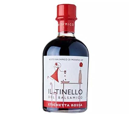 IL TINELLO Vinaigre balsamique de Modena Igp Red Label 250 ml – est recommandé pour les plats spéciaux, avec fraises fraîches, crème glacée ou parmesan.