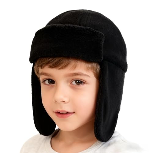 Vimfashi Toddler Trapper Hat with Earflap for Cold Weather Fleece Lined Kids Winter Aviator Hat for Boys Girls Unisex Warm Comfort Soft Black M