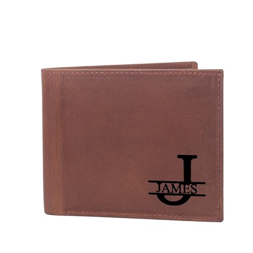 Engraved Mens Bifold Wallet - Top Grain Leather with Dual ID Windows | Advanced RFID Protection | Slim Design with 8 Card Slots | Durable Stitching | Personalized Gift For Him - Light Brown Engraved