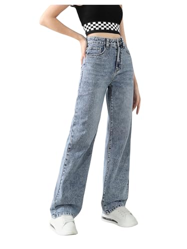 SweatyRocks Girl's High Waisted Solid Straight Leg Jeans Casual Loose Denim Pants Medium Wash 14 Years