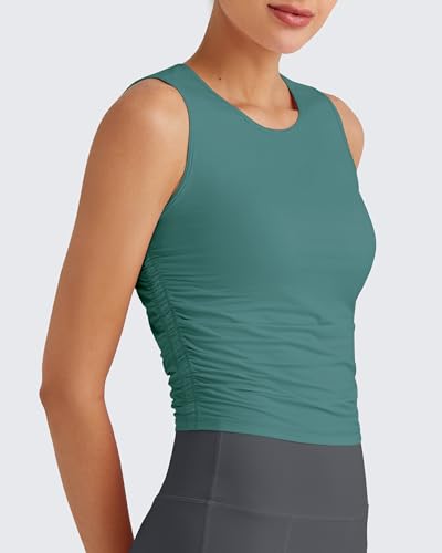 Image of G4Free Skimetic Workout Tank Tops for Women Side Ruched Sleeveless High Neck Crop Top Summer Athletic Gym Shirts