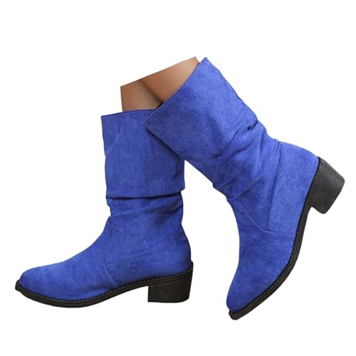 Xbemkste Bottes de costume folklorique pour femme - Talon bloc - Bout pointu - Bottes western décontractées - Bottines élégantes - Bottes d'hiver imperméables à enfiler, bleu, 40 EU
