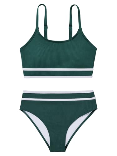 Image of Girls 2 Piece Swimsuit Ribbed Bathing Suits Color Block Adjustable Strap Bikini Set for Teens Girls Swim Suit