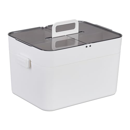 Relaxdays Husapotek, 5 fack, första hjälpen låda 2 separata våningar, plast, H x B x D: 22 x 28,5 x 21,5 cm, vit/grå