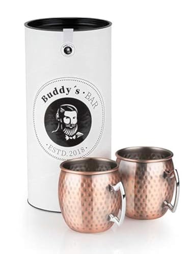Buddy's Bar - Taza Moscow Mule, set de 2, 2 x 500 ml, tazas de acero con revestimiento de cobre antiguo, apta para alimentos, efecto martillo, tazas para cócteles con caja de regalo