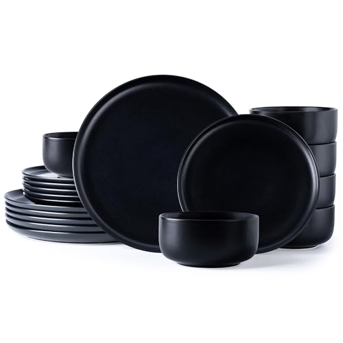 LeRatio Dinner Set for 6, 18 Piece Stoneware Plates and Bowls Set, Chip and Scratch Resistant Reactive Glaze Dinnerware Set, Oven & Dishwasher & Microwave Safe Crockery Set (Black, Service for 6)