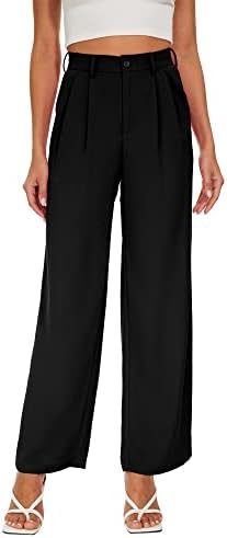 CYiNu Women's High Waisted Casual Pants Straight Wide Leg Button Down Solid Long Office Trousers(Black,L)
