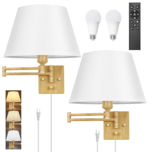 Image of TRLIFE Remote Control Dimmable Wall Sconce, Adjustable Color Temperature 2700K-6500K Brushed Brass Swing Arm Wall Lights with Plug in Cord, 11.8 inch Large White Shade(2 Pack, Oak Color)