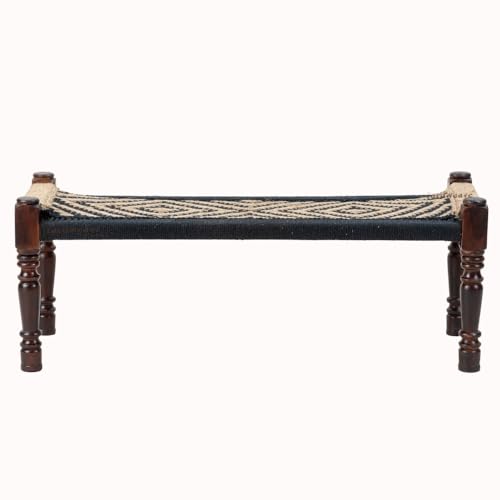 Image of Wooden Bench for Seating | Handcrafted Sheesham Wood Bench for Living Room, Balcony & Garden | Traditional Patio for Outdoor with Cotton and Jute Handwoven Rope | Black and Jute