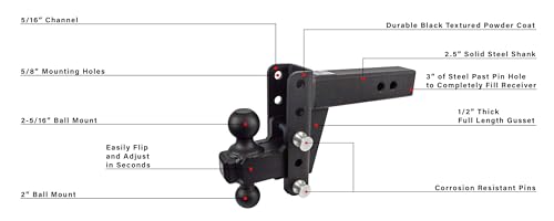 Image of BulletProof Hitches - 2.5 inch Adjustable Heavy Duty Trailer Hitch (22,000 lb. Rating) - 4 inch Drop /Rise Trailer Hitch with 2 inch & 2-5 /16 inch Dual Ball - Powder Coat, Solid Steel, Corrosion-Resistant