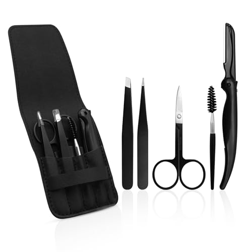 SetSail-Professional-5-Piece-Tweezers-Set-with-Slant-Pointed-Tips-Eyebrow-Razor-Scissors-Spoolie-Black-Stainless-Steel-Grooming-Kit-for-Men-Women SetSail Professional 5-Piece Tweezers Set with Slant & Pointed Tips, Eyebrow Razor, Scissors, Spoolie - Black Stainless Steel Grooming Kit for Men & Women - Image 1