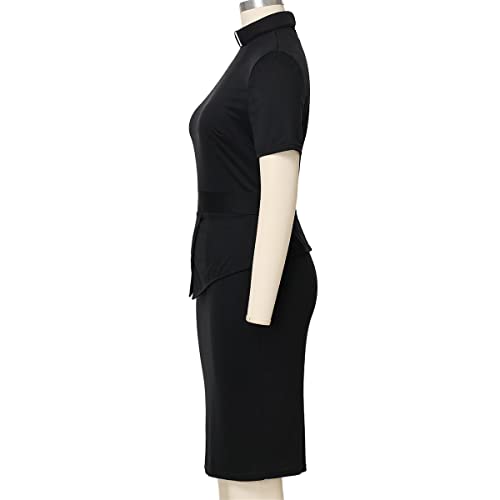 BLESSUME Church Women Clergy Tab Collar Dress Black Mass Bodycon Pencil Dress Short Sleeve4