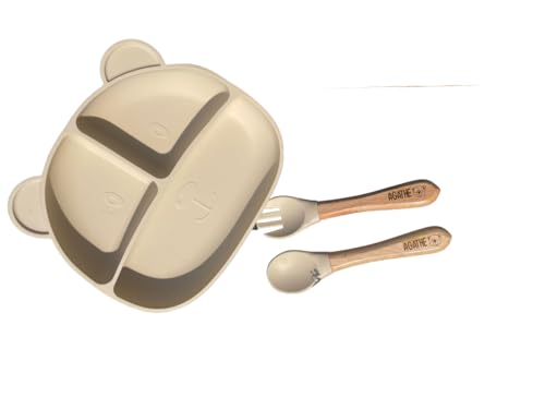 Generic - Coffret repas bébé en silicone personnalisé – Assiette ours compartimentée + couverts gravés – Cadeau naissance, baptême ou anniversaire