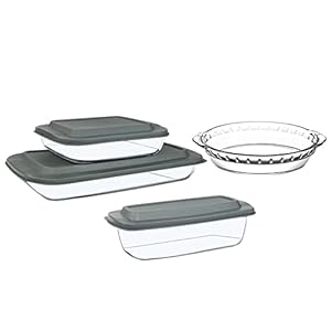 7-Piece Glass Bakeware Set, Baking Dishes, Glass Loaf Pan with Lids, Glass Pie Plate, 9×13 Roasting Pan, Square Pan, Fridge-to-Oven-Friendly
