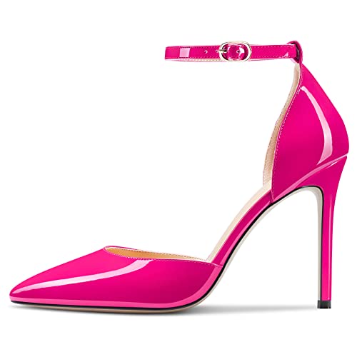 Aachcol Women Stiletto High Heel Pumps Ankle Strap Two-Piece Pointed Toe Dress Shoes Office Party Wedding Patent 4 Inch2