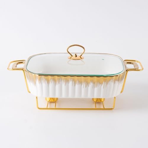 Rectangular Ceramic Chafing Dish Set with Glass Lid, Imitation Marble Buffet Warming Trays for Weddings, Parties, Banquets - 1.5L/1.6Quart, Elegant White Serving Dishes