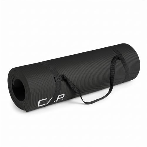 CAP Barbell Yoga Mat 1/2' Thick with Carrying Strap - High Density Exercise Mat for Yoga, Pilates, Stretching, Floor & Fitness Workouts - 68''x24''x1/2' | Black