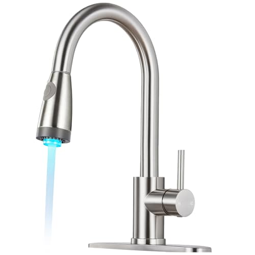 Image of LED Kitchen Faucet with Pull Down Sprayer - Brushed Nickel Single Handle Kitchen Faucets, High Arc Stainless Steel Pull Out Kitchen Sink Faucet with Deck for RV Laundry Farmhouse Bar