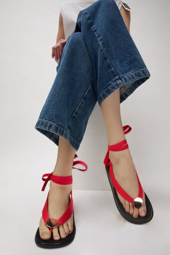 Image of Flat Sandals for Women Strappy Sandals Comfortable Dressy Beach Flip Flop Slides Thong Sandals for Women with Metal Circular