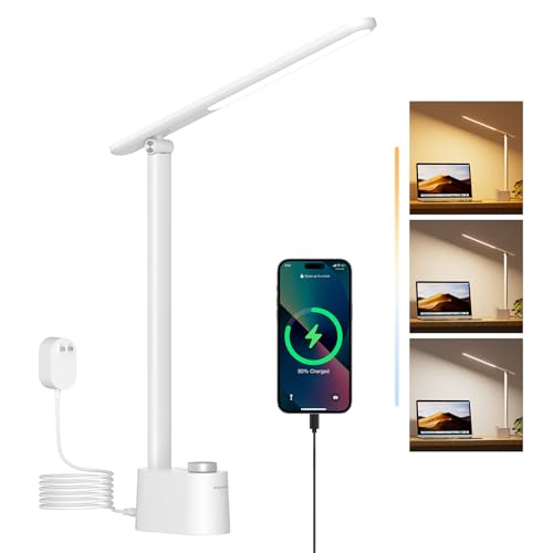 Honeywell LED Desk Lamp - Sunturalux Desk Lamps for Home Office with USB A+C Charging Ports, 3 Color Modes Stepless Dimmable Eye-Caring Foldable Desk Light for Bedroom Table Reading Study(Wh